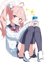 Rule 34 | 1girl, :&lt;, ahoge, bendy straw, black sailor collar, black skirt, black thighhighs, blue archive, blush, cardigan, commentary request, drinking straw, highres, holding, knees up, long hair, looking at viewer, natsu (blue archive), neckerchief, parted lips, pink hair, pleated skirt, red eyes, red neckerchief, sailor collar, school uniform, serafuku, shoes, side ponytail, sitting, skirt, solo, sparkle, suta0822, thighhighs, triangle mouth, white cardigan, white footwear