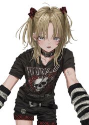 Rule 34 | 1girl, :d, absurdres, arm tattoo, arm warmers, asymmetrical shorts, bad id, bad twitter id, belt, belt collar, black shirt, black shorts, blonde hair, blush, bow, collar, fangs, flat chest, gishiki (gshk), grey eyes, hair bow, highres, leaning forward, looking at viewer, open mouth, original, plaid, plaid bow, profanity, shirt, short shorts, shorts, simple background, smile, solo, standing, tattoo, two side up, white background