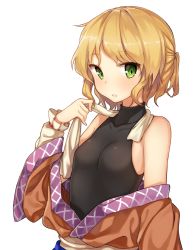 Rule 34 | 1girl, bad id, bad twitter id, bare shoulders, blonde hair, blush, breasts, flat chest, green eyes, long sleeves, looking at viewer, mizuhashi parsee, off shoulder, parted lips, ponytail, scarf, shinova, shirt, shnva, short hair, simple background, sleeveless, sleeveless turtleneck, small breasts, solo, touhou, turtleneck, undressing, white background