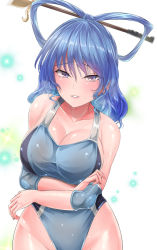 Rule 34 | 1girl, blue eyes, blue hair, blue one-piece swimsuit, breasts, collarbone, cowboy shot, elbow pads, gradient background, hair ornament, hair rings, hair stick, kaku seiga, large breasts, light blue hair, lips, looking at viewer, medium hair, one-piece swimsuit, smile, solo, sparkle, sparkle background, swimsuit, touhou, touhou tag dream, white background, wrestling outfit, y2