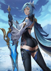 Rule 34 | 1girl, ass, black bodysuit, black hairband, black leotard, blue cape, blue hair, bodystocking, bodysuit, cape, cloud, cloudy sky, cowboy shot, eula (genshin impact), from side, genshin impact, gloves, greatsword, hair ornament, hairband, high-waist shorts, highres, leotard, long sleeves, looking at viewer, medium hair, nibelart, planted, planted sword, planted weapon, short shorts, shorts, signature, sky, solo, song of broken pines (genshin impact), sword, thigh strap, thighhighs, thighs, vision (genshin impact), weapon, white sleeves, yellow eyes