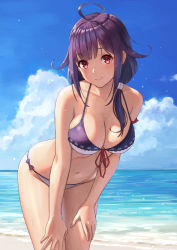 Rule 34 | 1girl, ahoge, bare arms, bare legs, bare shoulders, beach, bikini, blue sky, blush, breasts, cleavage, closed mouth, cloud, collarbone, commission, cowboy shot, day, hair flaps, horizon, kantai collection, large breasts, leaning forward, long hair, looking at viewer, navel, ocean, outdoors, purple bikini, purple hair, red eyes, skeb commission, skindentation, sky, smile, solo, standing, swimsuit, taigei (kancolle), tantaka, twintails, water, wet