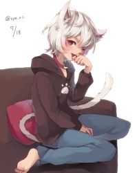 Rule 34 | 1boy, ;p, animal ears, barefoot, cat boy, cat ears, cat tail, collar, couch, full body, hair between eyes, hood, hoodie, kuga yuuma, looking at viewer, male focus, one eye closed, pillow, red eyes, sitting, solo, syerii, tail, tongue, tongue out, white hair, world trigger