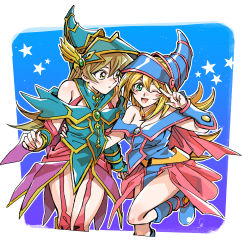 Rule 34 | 203wolves, 2girls, bare shoulders, blonde hair, blue background, blush stickers, boots, breasts, cape, commentary request, dark magician girl, dress, duel monster, gloves, green eyes, hand up, hat, highres, knee boots, leg up, long hair, looking at viewer, medium breasts, multiple girls, one eye closed, open mouth, pentagram, short dress, signature, simple background, smile, star (symbol), starry background, tenjouin asuka, witch hat, yellow eyes, yu-gi-oh!, yu-gi-oh! gx