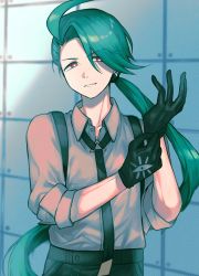 Rule 34 | 1girl, adjusting clothes, adjusting gloves, ahoge, bright pupils, closed mouth, collared shirt, commentary request, creatures (company), earrings, game freak, gloves, green hair, grey shirt, highres, indoors, jewelry, kinomi 3030, long hair, necktie, nintendo, pants, pokemon, pokemon sv, ponytail, red eyes, rika (pokemon), shirt, solo, suspenders, white pupils