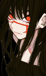 Rule 34 | 1girl, black background, black hair, black theme, black tube top, chainsaw man, cross scar, facial scar, highres, long hair, looking at viewer, orange eyes, parted lips, ringed eyes, sailen0, scar, scar on cheek, scar on face, simple background, solo, strapless, tube top, yoru (chainsaw man)