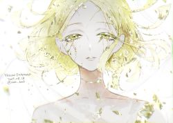 Rule 34 | 1other, androgynous, bare shoulders, blonde hair, character name, colored eyelashes, crack, crystal, crystal hair, dated, floating hair, half-closed eyes, houseki no kuni, light smile, looking at viewer, morino bambi, parted lips, portrait, sad, short hair, simple background, white background, yellow diamond (houseki no kuni), yellow eyes, yellow theme