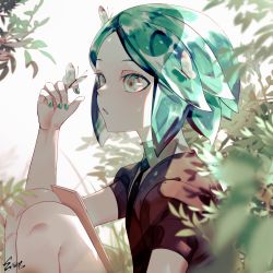 Rule 34 | 1other, androgynous, bug, butterfly, butterfly on hair, butterfly on hand, collared shirt, colored eyelashes, commentary, crystal hair, english commentary, esion, from side, gem uniform (houseki no kuni), green eyes, green hair, green nails, highres, houseki no kuni, insect, nail polish, necktie, open mouth, phosphophyllite, shirt, short hair, short sleeves, solo