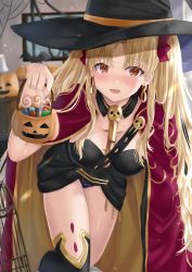 Rule 34 | 1girl, adapted costume, birdcage, black detached collar, black dress, black hat, black thighhighs, blonde hair, blush, breasts, cage, candy, cape, detached collar, dress, earrings, ereshkigal (fate), eyebrows hidden by hair, eyes visible through hair, fate/grand order, fate (series), food, gold trim, hair ribbon, halloween, hat, highres, holding, holding candy, holding food, hood, hooded cape, hoop earrings, indoors, jewelry, kazama (akki12), leaning, leaning forward, long hair, looking at viewer, medium breasts, neck, necklace, open mouth, parted bangs, red cape, red eyes, red ribbon, ribbon, shade, short dress, single sleeve, single thighhigh, skull, skull necklace, smile, spine, standing, strapless, strapless dress, thighhighs, thighs, two side up, type-moon, very long hair, witch hat