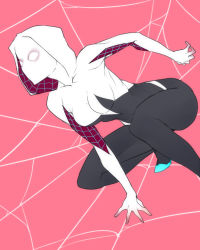 Rule 34 | 1girl, animification, bad id, bad pixiv id, ban! (bansankan), blonde hair, bodysuit, breasts, from side, gloves, gwen stacy, highres, hood, hooded bodysuit, marvel, mask, no pupils, pink background, short hair, silk, solo, spider-gwen, spider-man (series), spider web, spider web print, squatting, superhero costume