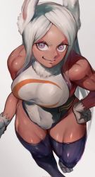 Rule 34 | &gt;:), 1girl, absurdres, animal ears, artist name, bare arms, bare shoulders, biceps, boku no hero academia, breasts, closed mouth, covered navel, dark-skinned female, dark skin, eyelashes, forehead, from above, fur collar, hand on own hip, highres, ibuo (ibukht1015), leotard, looking at viewer, looking up, medium breasts, mirko, muscular, muscular female, parted bangs, purple eyes, purple thighhighs, rabbit ears, rabbit girl, shiny clothes, shiny skin, skindentation, smile, solo, taut clothes, taut leotard, thick thighs, thighhighs, thighs, v-shaped eyebrows, walking