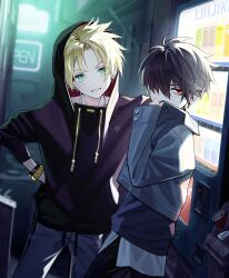 Rule 34 | 2boys, absurdres, black hair, blonde hair, can, commentary, ear piercing, green eyes, hair between eyes, hair over one eye, hand on own hip, highres, hood, hood up, hoodie, jacket, jewelry, long sleeves, looking at viewer, male focus, multiple boys, necklace, neon lights, open sign, original, outdoors, pants, piercing, pillow (nutsfool), red eyes, sign, spiked hair, symbol-only commentary, vending machine
