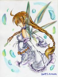 Rule 34 | ahoge, bare shoulders, braid, dated, detached sleeves, closed eyes, fairy wings, jewelry, maon, marker (medium), necklace, original, ponytail, profile, signature, single braid, solo, traditional media, wings