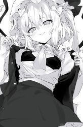 Rule 34 | 1girl, absurdres, ascot, blush, bra, breasts, flandre scarlet, flashing, greyscale, hair between eyes, hat, head tilt, highres, looking at viewer, make maketan, medium breasts, mob cap, monochrome, open clothes, open shirt, open vest, parted lips, pointy ears, simple background, skirt, slit pupils, small breasts, smile, solo, sweatdrop, touhou, underwear, undressing, vest, white background, wings