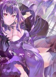 Rule 34 | 119, 1girl, bare shoulders, breasts, caster (lostbelt), cleavage, detached sleeves, dress, fate/grand order, fate (series), headpiece, jewelry, large breasts, long hair, looking at viewer, purple hair, red eyes, scathach (fate), scathach skadi (fate), see-through, solo, thigh strap, tiara