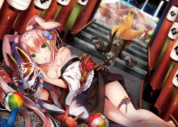 Rule 34 | 2girls, animal ears, blonde hair, breasts, rabbit ears, cleavage, fox ears, fox girl, fox mask, fox tail, green eyes, highres, japanese clothes, kimono, long hair, looking at viewer, lying, mask, medium breasts, multiple girls, off shoulder, on side, open mouth, original, pink hair, shrine, tail, torii, usagihime