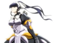 Rule 34 | 1girl, amazon (taitaitaira), armor, armored dress, black eyes, black hair, cross, high ponytail, long hair, looking at viewer, maid, maid headdress, narberal gamma, overlord (maruyama), solo, upper body, white background