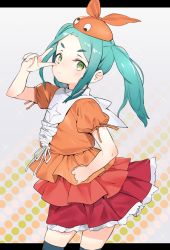 Rule 34 | 1girl, atage, blue hair, blue thighhighs, closed mouth, green eyes, hand up, hat, letterboxed, long hair, looking at viewer, miniskirt, monogatari (series), ononoki yotsugi, orange hat, orange shirt, outside border, puffy short sleeves, puffy sleeves, red skirt, shirt, short sleeves, skirt, solo, standing, thighhighs, twintails, v