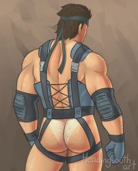 Rule 34 | 1boy, ass, bandana, bara, body hair, brown hair, gloves, highres, male focus, metal gear (series), metal gear solid, metal gear solid 2: sons of liberty, muscular, nude, short hair, simple background, solid snake, solo, standing