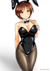 Rule 34 | 1girl, alternate costume, animal ears, arms behind back, black pantyhose, blush, bow, bowtie, breasts, brown eyes, brown hair, collarbone, covered navel, detached collar, fake animal ears, hand on own chest, kantai collection, kudou (ooabareteng), large breasts, leotard, looking at viewer, natori (kancolle), pantyhose, playboy bunny, rabbit ears, rabbit tail, shadow, short hair, solo, strapless, strapless leotard, tail, twitter username, white background, wrist cuffs