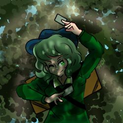 Rule 34 | 1girl, anthony gummy, bad id, bad twitter id, camouflage, card, collared dress, dress, green dress, green eyes, green hair, hand up, hat, holding, holding card, light rays, long sleeves, looking to the side, one eye closed, signature, touhou, unconnected marketeers, yamashiro takane