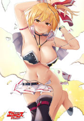 Rule 34 | 1girl, ahoge, arm strap, armpits, arms up, bare hips, belt, between breasts, bikini, black bikini, black footwear, blonde hair, blush, boots, breasts, capelet, cleavage, closed mouth, collarbone, copyright name, dokyuu hentai hxeros, hair ornament, hair ribbon, hoshino kirara, large breasts, leg up, looking at viewer, miniskirt, navel, nose blush, one side up, orange eyes, pleated skirt, red ribbon, revealing layer, ribbon, ryouma (galley), short hair, skirt, smile, solo, standing, standing on one leg, stomach, swimsuit, thigh boots, thigh gap, thighhighs, underboob, watch, white capelet, white skirt, wristwatch