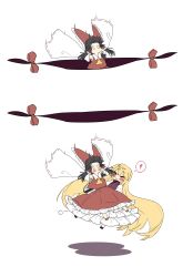 Rule 34 | 0 0, 2girls, :&gt;, absurdly long hair, absurdres, bad id, bad twitter id, black footwear, black hair, blush, bow, carrying, comic, commentary, detached sleeves, closed eyes, falling, gap (touhou), hair bow, hair tubes, hakurei reimu, heart, highres, long hair, long skirt, long sleeves, multiple girls, no mouth, no nose, princess carry, red bow, red footwear, red ribbon, red skirt, ribbon, ribbon-trimmed sleeves, ribbon trim, shadow, silent comic, skirt, skirt set, spoken heart, touhou, very long hair, white background, yakumo yukari, yuri, zy (zyyyyyyy9)
