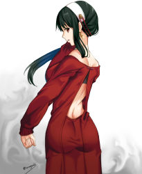 Rule 34 | 1girl, aona (anagasaki), ass, back cutout, bare shoulders, black hair, butt crack, clenched hand, clothing cutout, dress, earrings, from behind, highres, jewelry, long hair, long sleeves, looking at viewer, looking back, off shoulder, red dress, red eyes, red ribbon, ribbon, solo, spy x family, twitter username, white headwear, yor briar