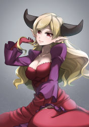 Rule 34 | 1girl, black horns, blonde hair, bon (bonbon315), breasts, cleavage, dress, gloves, grey background, highres, horns, lilith (p&amp;d), long hair, long sleeves, medium breasts, pointy ears, puzzle &amp; dragons, red dress, red eyes, red gloves, sitting, solo