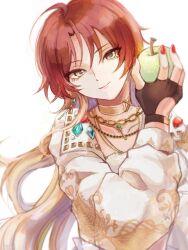 Rule 34 | 1girl, 47 m00n, ahoge, aketa mikoto, apple, bead necklace, beads, blonde hair, brown hair, chain necklace, choker, coat, commentary request, eyelashes, fingerless gloves, food, fruit, gloves, gradient hair, green apple, green eyes, highres, holding, holding food, holding fruit, idolmaster, idolmaster shiny colors, jewelry, lips, long hair, multicolored hair, necklace, nose, official alternate costume, parted bangs, smile, solo, white coat