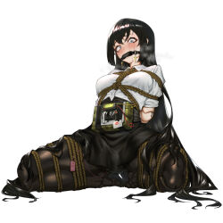 Rule 34 | 1girl, absurdres, arms behind back, bananaoishi, bdsm, between breasts, bit gag, black hair, black pantyhose, black skirt, blue eyes, bomb, bondage, bound, bound arms, bound legs, breasts, collared shirt, crying, crying with eyes open, distress, doll joints, dress shirt, explosive, full body, gag, gagged, heavy breathing, highres, joints, long hair, looking at viewer, looking down, manic rebellion, medium breasts, original, pantyhose, peril, remote control vibrator, restrained, rope, sex toy, shibari, shibari over clothes, shirt, short sleeves, simple background, sitting, skirt, solo, spread legs, tears, teeth, time bomb, underbust, variant set, very long hair, vibrator, vibrator cord, vibrator under clothes, white background, white shirt