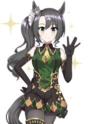Rule 34 | 1girl, animal ears, black hair, closed mouth, commentary request, detached sleeves, green eyes, hair ornament, highres, horse ears, horse tail, ka (ka p019), long hair, looking at viewer, pantyhose, satono crown (umamusume), side ponytail, simple background, smile, solo, sparkle, tail, umamusume, waving, white background