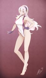 Rule 34 | 1girl, absurdres, armpits, artist name, bare shoulders, barefoot, breasts, commentary, commission, corrin (female) (fire emblem), corrin (fire emblem), cosplay, covered navel, fire emblem, fire emblem fates, full body, gloves, hair ornament, hairband, hand on own hip, highleg, highleg leotard, highres, intelligent systems, large breasts, leotard, long hair, looking at viewer, marvel, nintendo, parted lips, pointy ears, purple background, purple gloves, red eyes, senacolada, she-hulk, she-hulk (cosplay), signature, silver hair, simple background, smile, solo, standing, thighs, toes, turtleneck, two-tone leotard