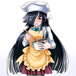 Rule 34 | 10s, 1girl, black hair, black pantyhose, brown eyes, carrying, chef hat, chocolate, chocolate making, hair over one eye, hat, hayashimo (kancolle), holding, kantai collection, ladle, long hair, looking at viewer, pantyhose, school uniform, simple background, solo, tk8d32, valentine, white background