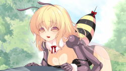 Rule 34 | 1girl, antennae, arthropod girl, artist request, bee girl, black leotard, blonde hair, bow, breasts, carapace, cleavage, compound eyes, extra arms, game cg, hair between eyes, honey (monster musume), insect girl, leotard, long hair, looking at viewer, monster girl, monster musume no iru nichijou, monster musume no iru nichijou online, neck ruff, official art, open mouth, partially undressed, red bow, solo, stinger, wrist cuffs