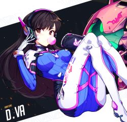 Rule 34 | 1girl, animal print, armor, bad id, bad pixiv id, bodysuit, boots, breasts, brown eyes, brown hair, blowing bubbles, character name, chewing gum, d.va (overwatch), facial mark, gloves, hand up, handheld game console, headphones, high collar, highres, hwansang, large breasts, long hair, mecha, meka (overwatch), overwatch, overwatch 1, pauldrons, pilot suit, playing games, playstation vita, rabbit, rabbit print, robot, shoulder armor, skin tight, solo, thigh boots, thighhighs, turtleneck, whisker markings, white footwear, white gloves