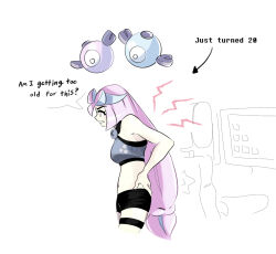 Rule 34 | 1girl, arm behind back, arrow (symbol), black shorts, bow-shaped hair, chair, clenched teeth, commentary, computer, creatures (company), cropped legs, english commentary, english text, from side, game freak, gen 1 pokemon, grey shirt, hexagon print, highres, iono (pokemon), leaning forward, long hair, low-tied long hair, magnemite, marnie (marnielovesyou), monitor, multicolored hair, navel, nintendo, office chair, pink hair, pokemon, pokemon sv, profile, sharp teeth, shirt, shorts, simple background, sleeveless, sleeveless shirt, speech bubble, swivel chair, teeth, thigh strap, two-tone hair, white background
