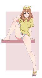 Rule 34 | 1girl, arm support, bare legs, barefoot, border, bow, brown hair, collared shirt, commentary, eyelashes, feet, frown, full body, grey eyes, hair bow, hand up, hibike! euphonium, highres, knee up, lace, lace-trimmed panties, lace trim, legs, long hair, no pants, panties, pink background, sandals, sbel02, shirt, short sleeves, sidelocks, single sandal, sitting, solo, symbol-only commentary, thighs, toenails, toes, underwear, white border, white panties, yellow bow, yellow shirt, yoshikawa yuuko