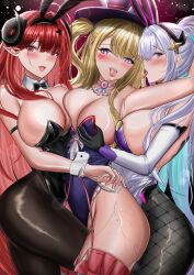 Rule 34 | 3girls, absurdres, akizuki momiji, animal ears, arm strap, asymmetrical docking, azur lane, bare shoulders, black gloves, black horns, black leotard, black pantyhose, blonde hair, breast press, breasts, cleavage, commentary request, cowboy shot, curled horns, detached collar, detached sleeves, facial mark, fake animal ears, fishnet pantyhose, fishnets, gloves, guam (azur lane), guam (stage-setting charmer) (azur lane), hair between eyes, heart, heart facial mark, highres, hindenburg (azur lane), hindenburg (delirious duel) (azur lane), horns, kearsarge (all night charge) (azur lane), kearsarge (azur lane), large breasts, leotard, long hair, looking at viewer, multiple girls, official alternate costume, open mouth, pantyhose, playboy bunny, pointy ears, pouring onto another, purple eyes, purple leotard, red eyes, red hair, saliva, saliva trail, strapless, strapless leotard, tongue, tongue out, undersized breast cup, very long hair, wrist cuffs, yuri