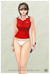 Rule 34 | 1girl, azasuke, bangle, bare shoulders, blouse, border, bottomless, bracelet, breasts, brown eyes, brown hair, clap hanz, earrings, female focus, gloves, golf club, highres, hot shots golf fore!, jewelry, kyouko (hot shots golf), looking at viewer, medium breasts, minna no golf, no pants, outside border, panties, red shirt, shirt, simple background, single glove, sleeveless, sleeveless shirt, solo, standing, underwear, visor, white border, white panties