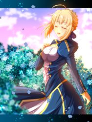 Rule 34 | 1girl, :d, ahoge, artoria pendragon (all), artoria pendragon (fate), blonde hair, blue flower, blue ribbon, blue rose, braid, braided bun, breasts, cimeri, cleavage, dress, closed eyes, fate/stay night, fate (series), flower, from side, hair bun, hair ribbon, long sleeves, medium breasts, open mouth, outdoors, petals, ribbon, rose, saber (fate), short hair with long locks, sidelocks, smile, solo, standing