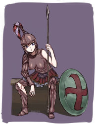 Rule 34 | 1girl, armor, blue eyes, breastplate, full body, greaves, helmet, holding, holding spear, holding weapon, muutya, original, plume, polearm, shield, signature, simple background, sitting, solo, spear, weapon