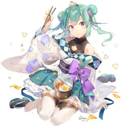 Rule 34 | 1girl, breasts, chips (food), chopsticks, cleavage, cleavage cutout, clothing cutout, collarbone, commentary, cup ramen, doritos, double bun, egg (food), english commentary, finana ryugu, fins, fish girl, food, fried egg, gilse, green hair, green skirt, hair bun, head fins, head tilt, head wings, highres, holding, holding chopsticks, japanese clothes, kimono, medium breasts, nijisanji, nijisanji en, off shoulder, official alternate costume, purple eyes, sandals, skirt, solo, thighhighs, tiara, twintails, virtual youtuber, white background, white kimono, wings