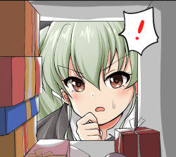 Rule 34 | !, 1girl, anchovy (girls und panzer), anzio school uniform, black cape, box, brown eyes, cape, commentary, dress shirt, gift, gift box, girls und panzer, green hair, hand on own chin, long hair, looking at viewer, nasunael, open mouth, school uniform, shirt, getabako, solo, spoken exclamation mark, sweatdrop, twintails, valentine, white shirt