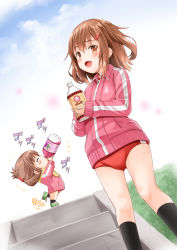 Rule 34 | 10s, 2girls, anchor symbol, blush stickers, bottle, brown eyes, brown hair, buruma, chibi, cloud, commentary request, drinking, fang, folded ponytail, fujishima shinnosuke, gym uniform, hair ornament, hairclip, ikazuchi (kancolle), inazuma (kancolle), jacket, kantai collection, kneehighs, looking at viewer, multiple girls, open mouth, outdoors, short hair, sleeves past wrists, socks, stairs, standing, standing on one leg, sweat, thighs, towel, towel around neck, track jacket