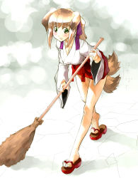 Rule 34 | 1girl, adapted uniform, ahoge, animal ears, blush, breasts, broom, brown hair, cleaning, cleavage, dog ears, dog tail, green eyes, hakama, hakama short skirt, hakama skirt, highres, japanese clothes, leaning forward, miko, mimosa211, open mouth, original, ribbon, sandals, simple background, sketch, skirt, solo, tail, tail wagging