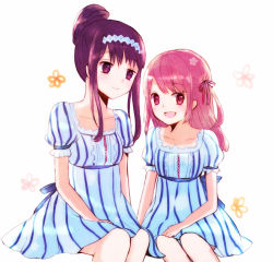 Rule 34 | 10s, 2girls, :d, akemi homura, alternate hairstyle, dress, hair down, hair ribbon, hair up, kaname madoka, mahou shoujo madoka magica, mahou shoujo madoka magica (anime), momonkii, multiple girls, open mouth, pink eyes, pink hair, puffy sleeves, purple eyes, purple hair, ribbon, sitting, smile, striped clothes, striped dress, vertical stripes