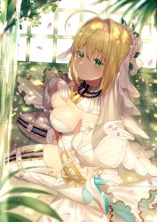 Rule 34 | 10s, 1girl, achiki, ahoge, blonde hair, blush, breasts, cleavage, closed mouth, day, detached sleeves, fate/extra, fate/extra ccc, fate (series), flower, gloves, green eyes, hair between eyes, hair flower, hair intakes, hair ornament, hand on own chest, high heels, highres, indoors, large breasts, leotard, long sleeves, nero claudius (bride) (fate), nero claudius (bride) (second ascension) (fate), nero claudius (fate), nero claudius (fate) (all), petals, puffy long sleeves, puffy sleeves, shaded face, sitting, smile, solo, strapless, strapless leotard, sunlight, thighhighs, veil, wariza, water, white flower, white footwear, white gloves, white leotard, white thighhighs, wide sleeves