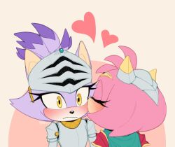 Rule 34 | 2girls, amy rose, animal ears, armor, blaze the cat, blush, breastplate, cat ears, cat girl, cat tail, closed eyes, ear armor, eyelashes, furry, furry female, gold necklace, highres, jewelry, kiss, kissing cheek, milaries, multiple girls, necklace, percival (sonic), pink fur, ponytail, purple fur, sonic (series), sonic and the black knight, tail, yellow eyes, yuri