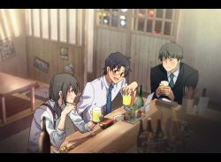 Rule 34 | 10s, 3boys, ahoge, bar (place), black hair, blouse, blurry, business suit, chopsticks, collared shirt, cup, depth of field, door, drinking glass, drunk, formal, glasses, holding, idolmaster, idolmaster (classic), idolmaster cinderella girls, idolmaster side-m, indoors, letterboxed, male focus, multiple boys, necktie, plate, poster (object), producer (idolmaster), producer (idolmaster anime), producer (idolmaster cinderella girls anime), producer (idolmaster side-m), producer (idolmaster side-m anime), shirt, sitting, sleeves rolled up, smile, striped neckwear, suit, table, two-handed, white shirt, wooden table